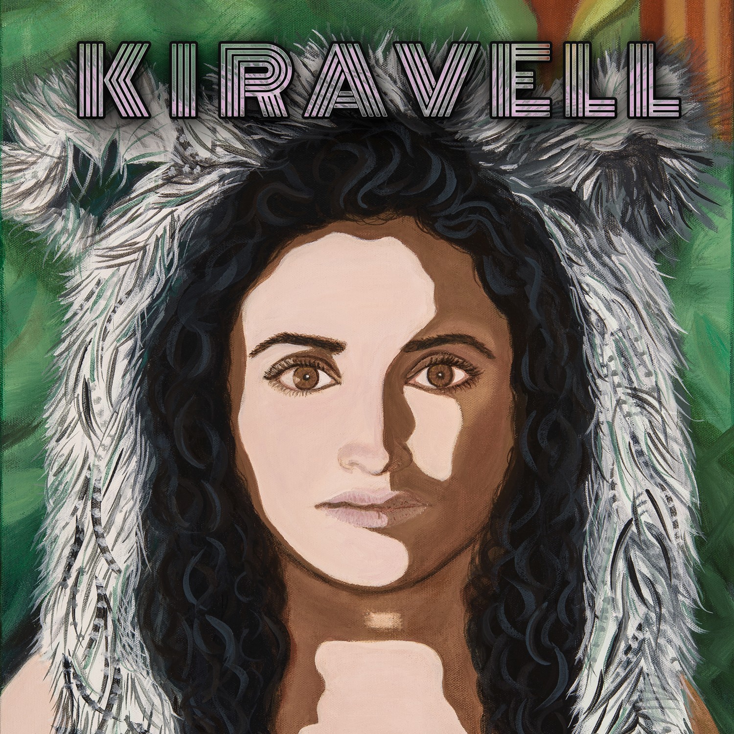Portrait of a woman with dark curly hair, surrounded by feathers, with the name 'KIRAVELL' at the top.
