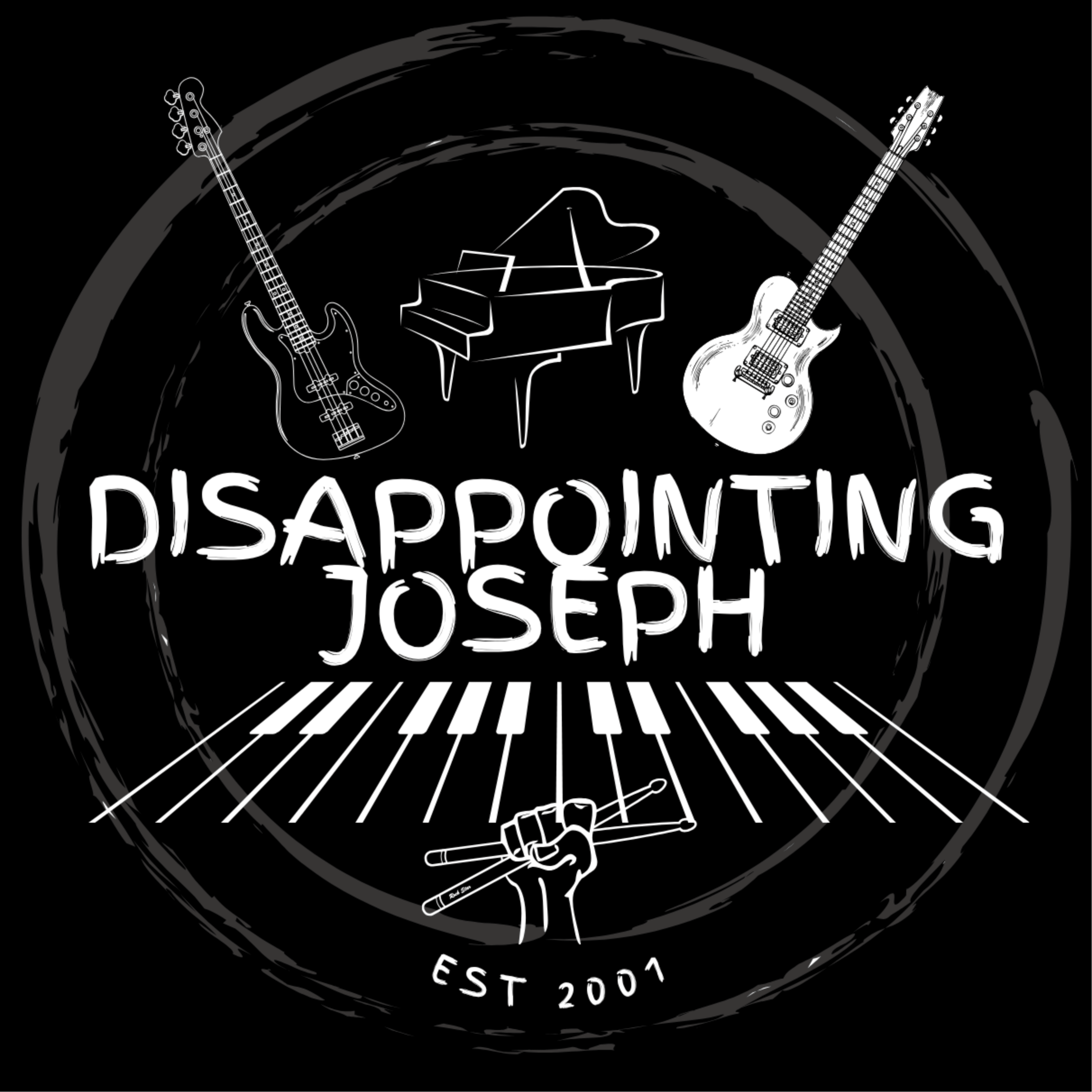 Design with guitars, a piano, and a conductor's baton, with text 'Disappointing Joseph' and 'Est 2001'.