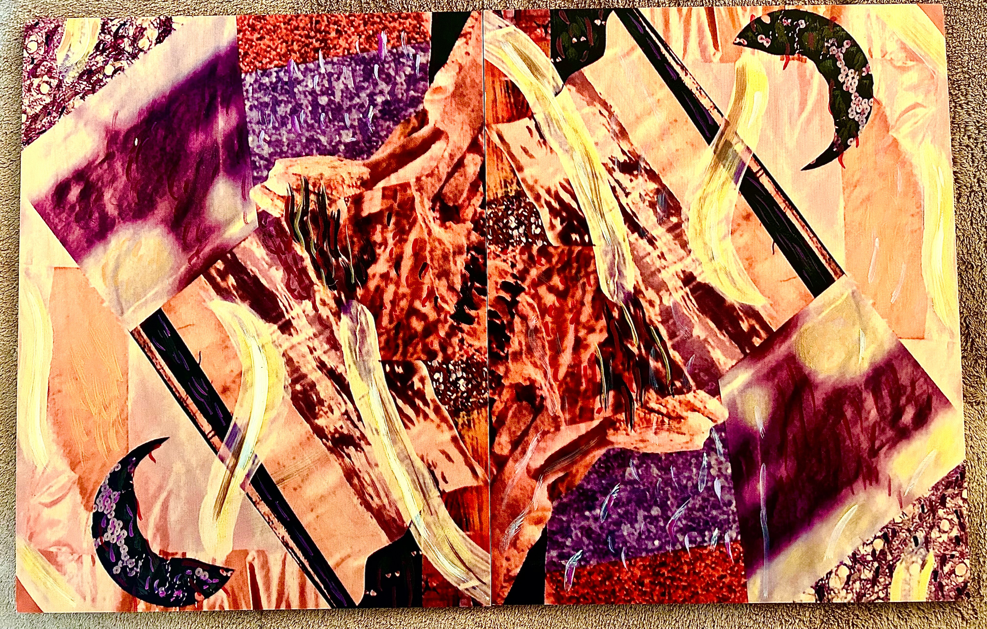 Abstract collage with vibrant colors, patterns, and shapes, including curved and diagonal elements, creating a dynamic visual composition.
