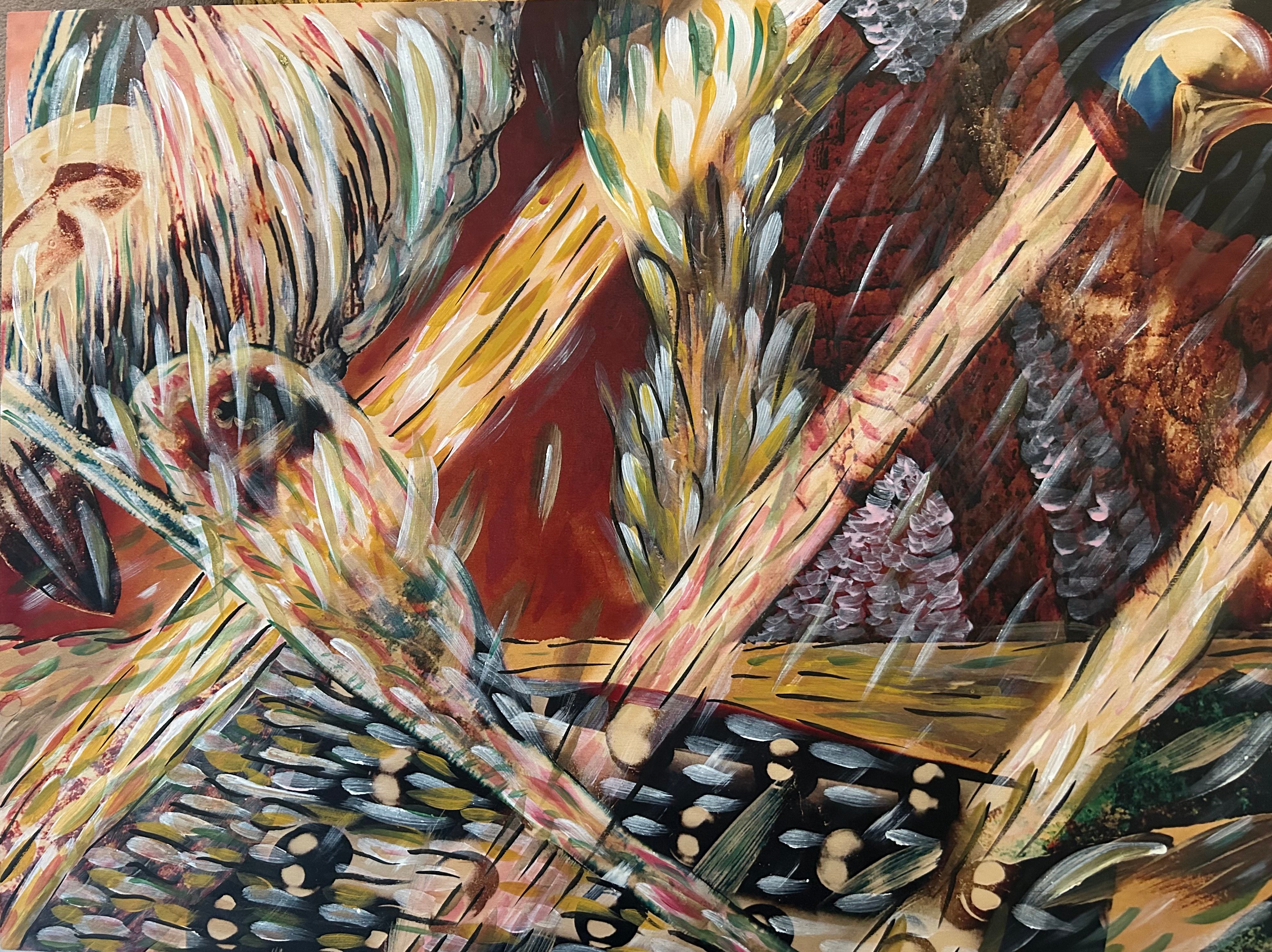 Abstract painting with bold brushstrokes and vibrant colors, including reds, yellows, and blacks, with textured patterns.