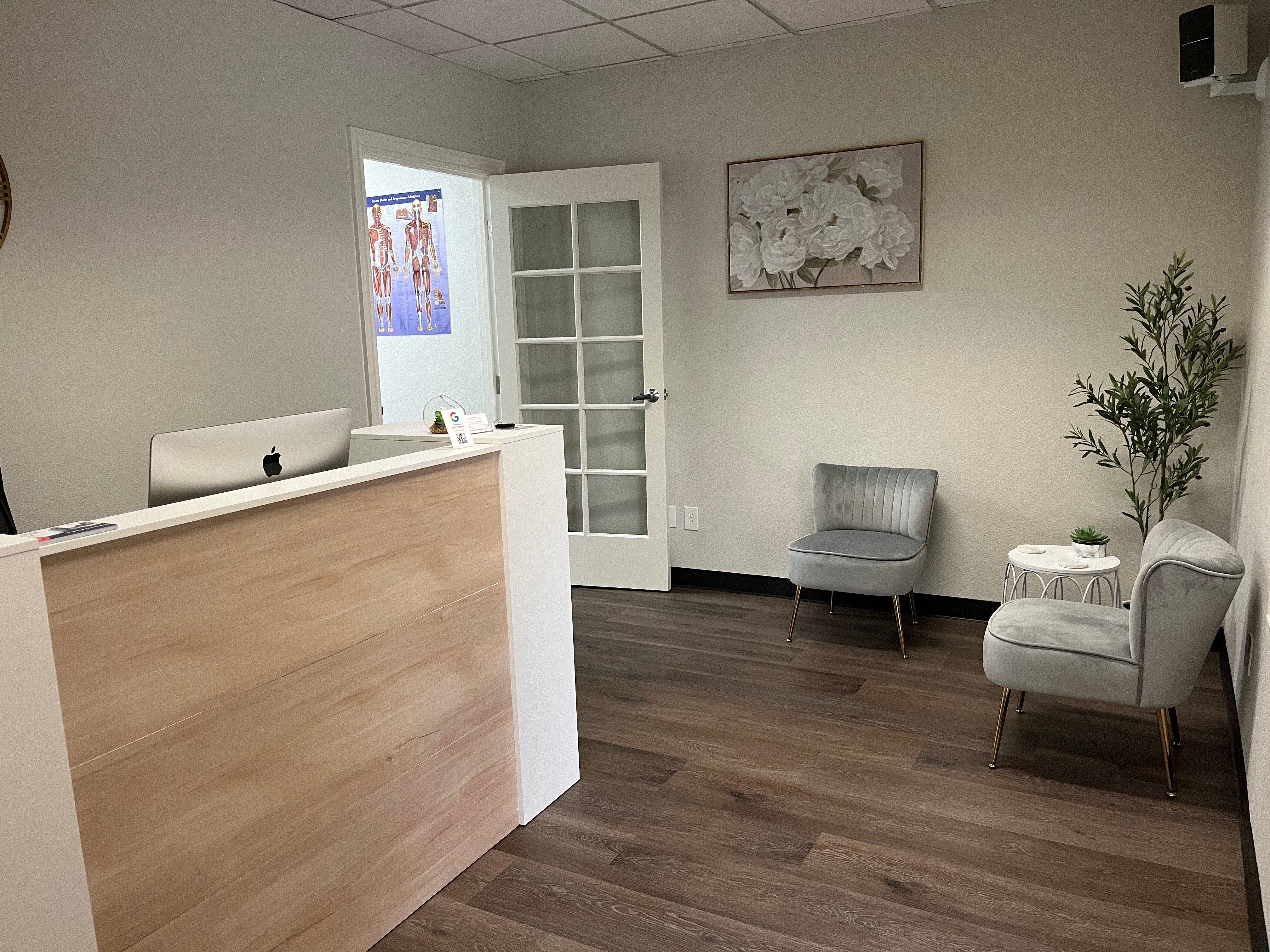 Reception area with a wooden counter, two chairs, a door, a painting, and a potted plant on a wooden floor.