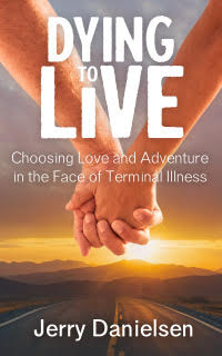 Two hands holding each other against a sunset landscape with text about love and adventure, author Jerry Danielsen.