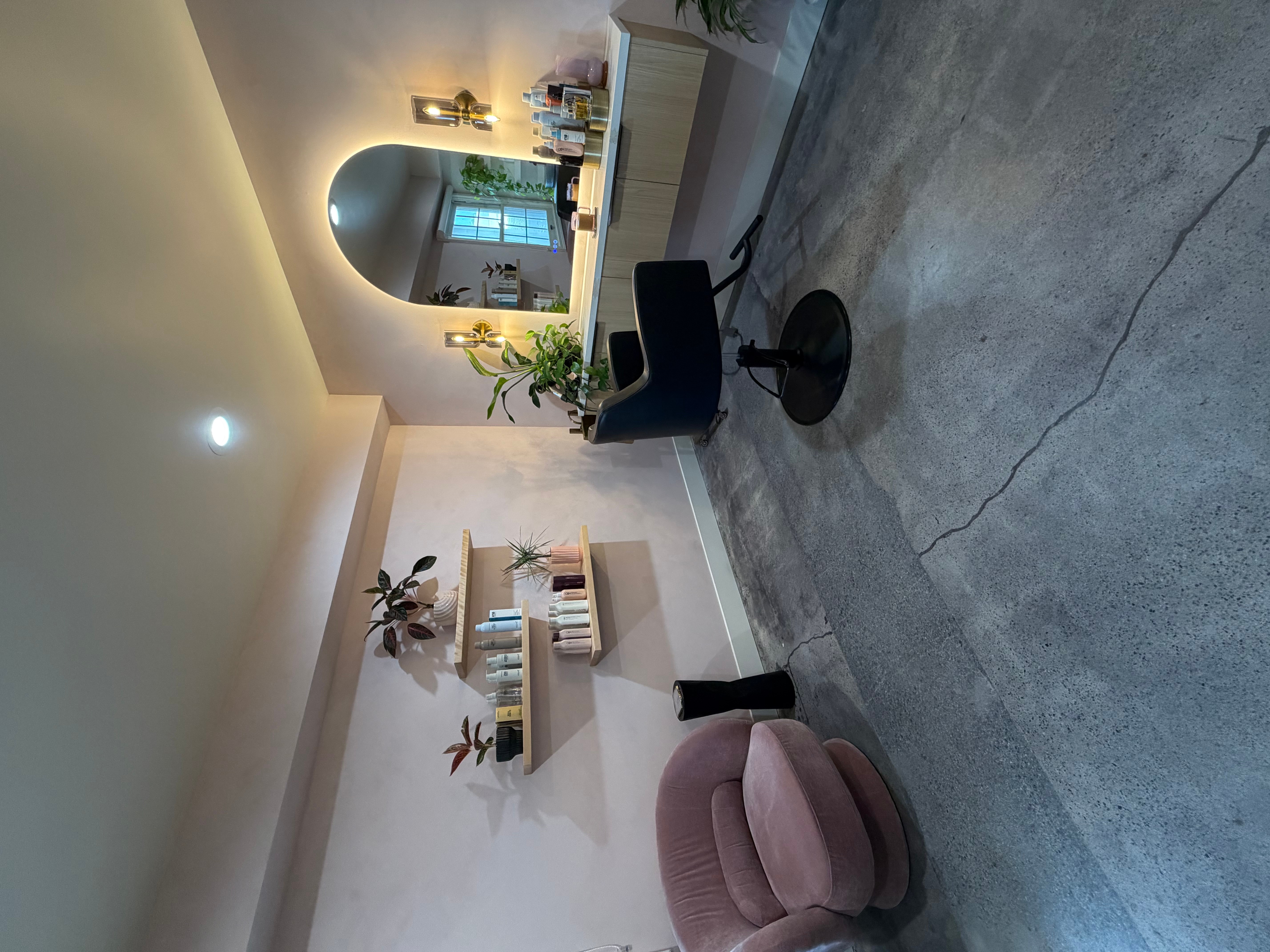 Living room with a pink armchair, black chair, and shelves with plants and books, viewed through an archway.