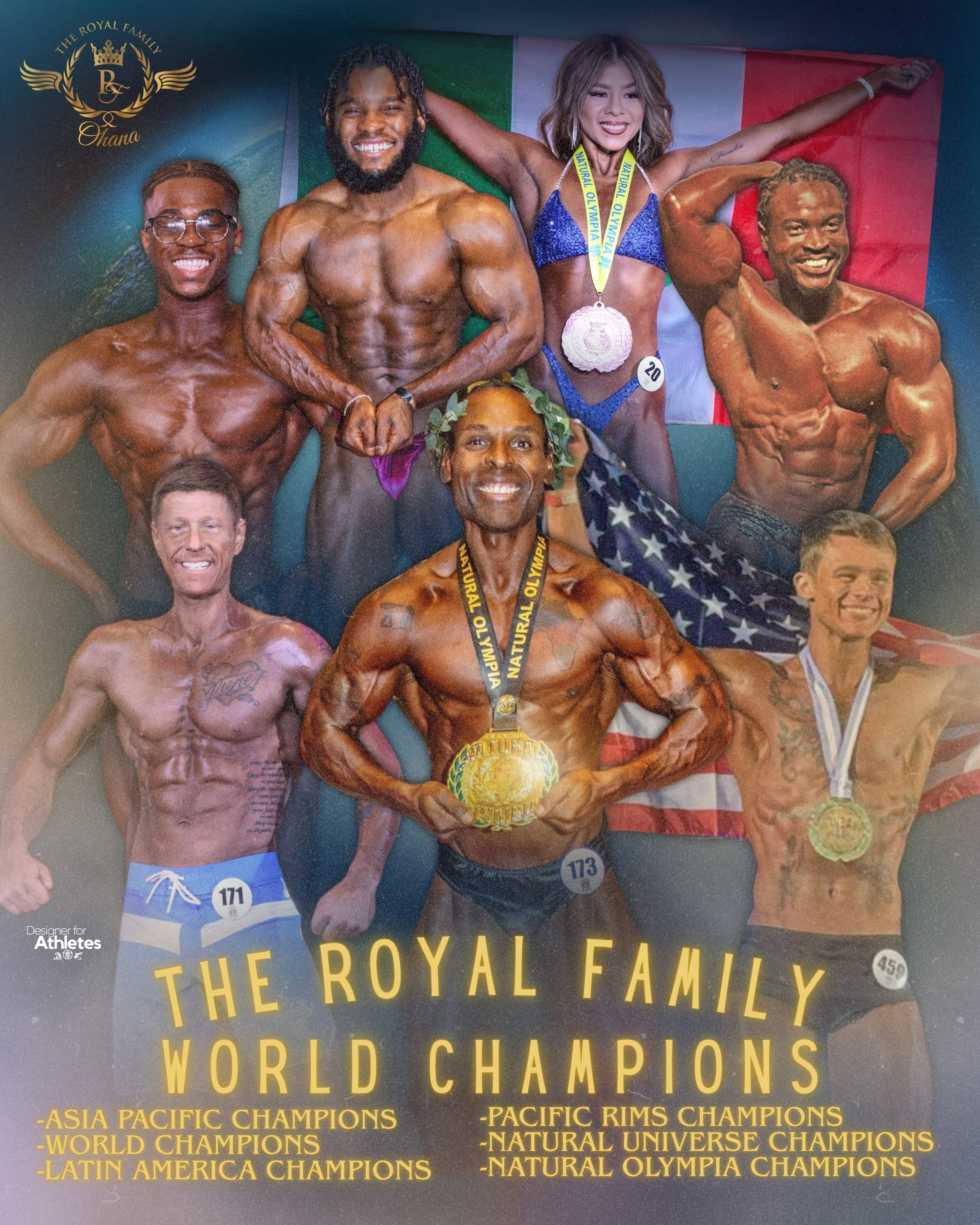Group of seven muscular athletes, some with medals, celebrating on stage with a flag in the background.