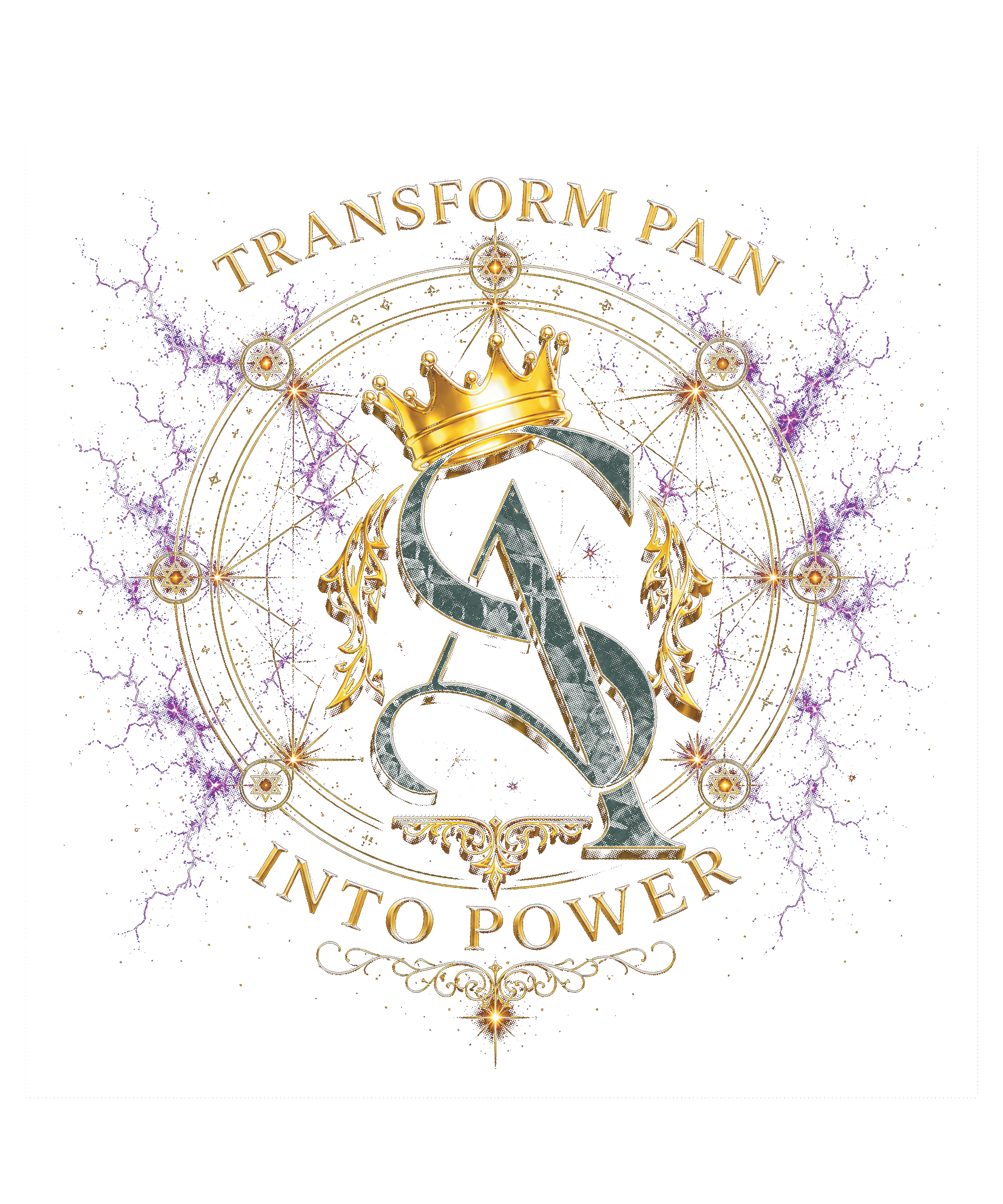 Design with a crown, lightning, and a stylized letter A, with the words 'Transform Pain into Power' above and below.