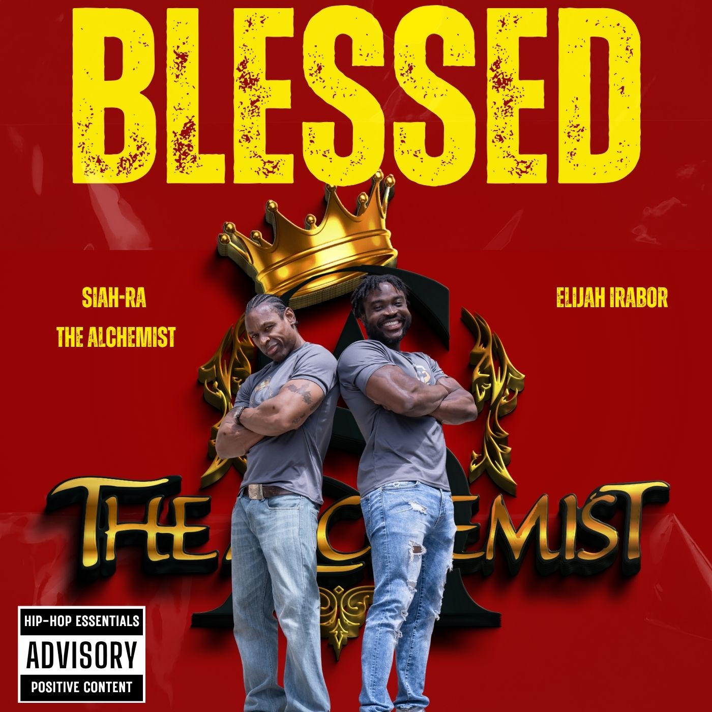 Two men standing back-to-back with crossed arms, smiling, in front of a red background with a crown and text.