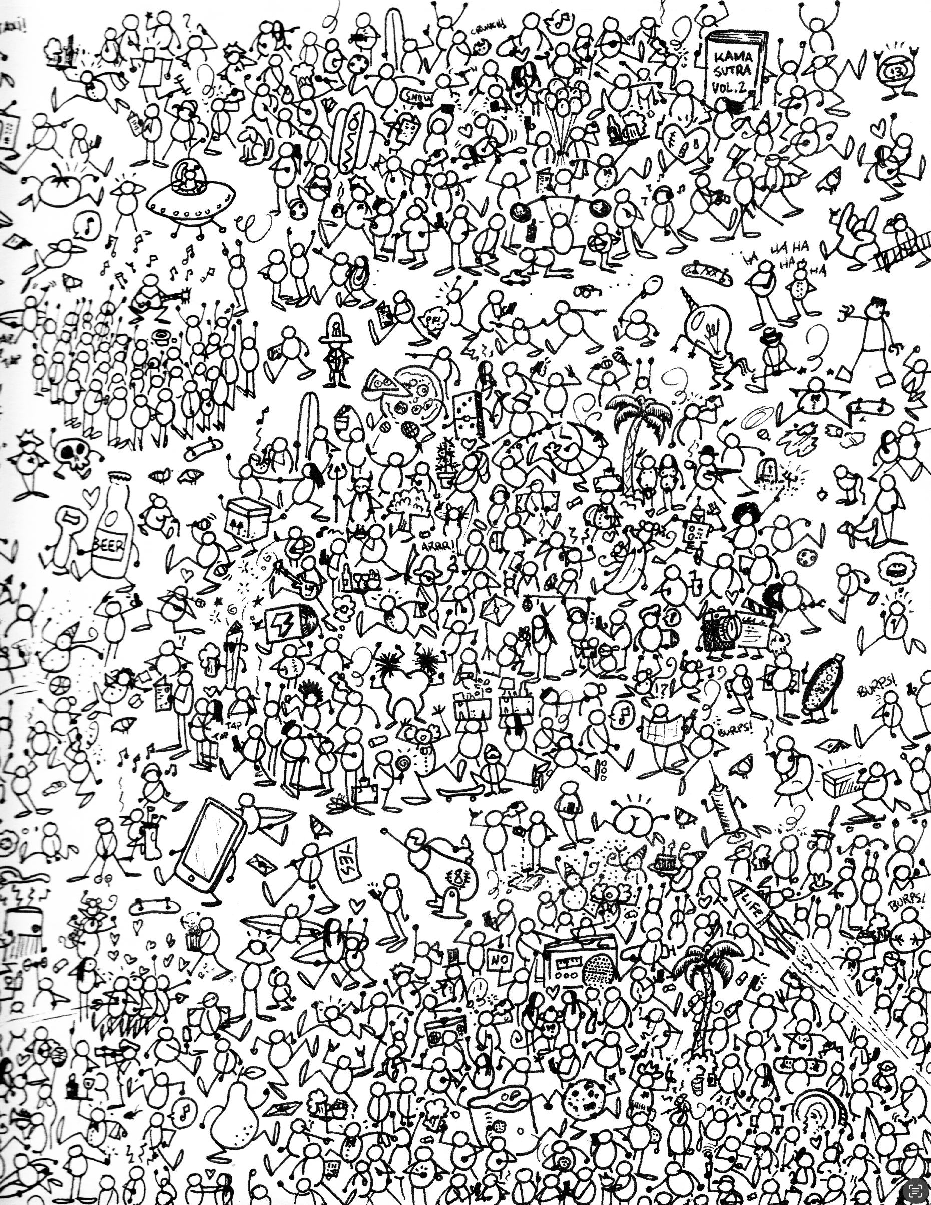 Crowded beach scene with people, umbrellas, and beach accessories, drawn in black and white with detailed line art.
