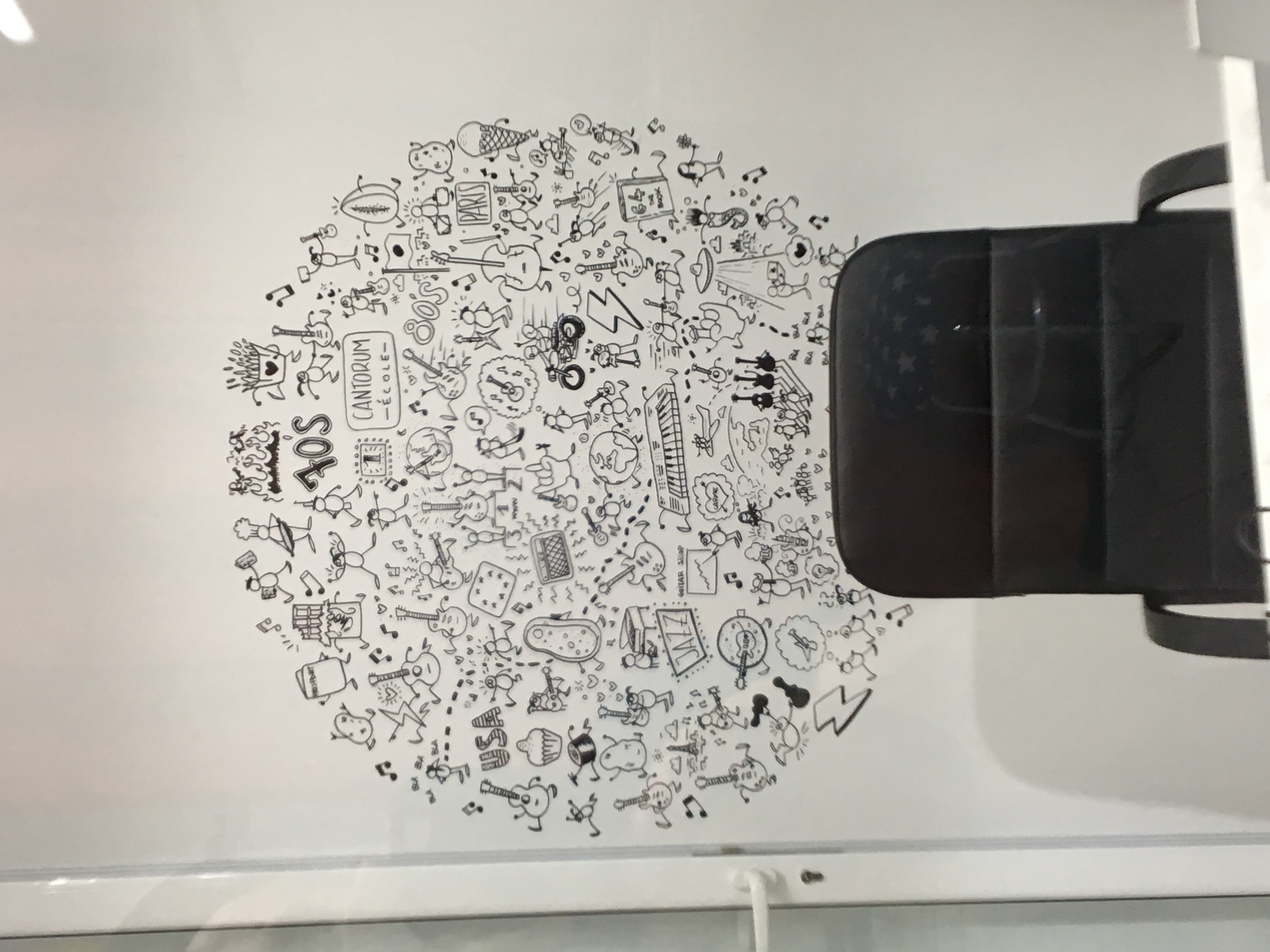 Printer with a wall decoration of various doodles and icons in a circle behind it.