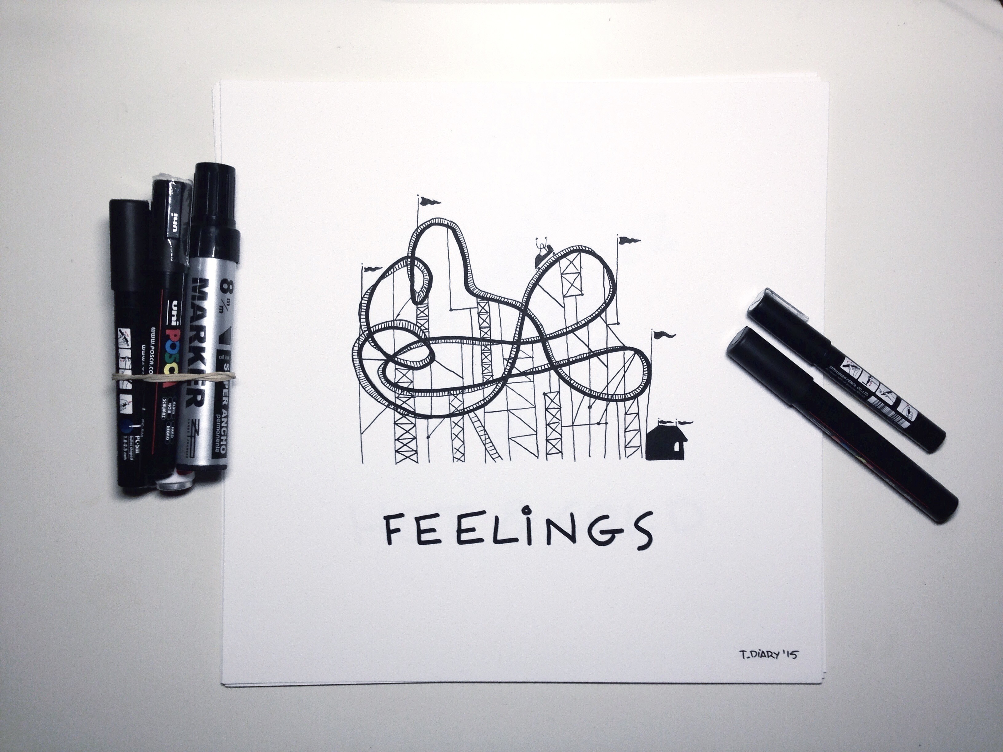 Drawing of a roller coaster with the word 'FEELINGS' below, surrounded by black markers on a white background.