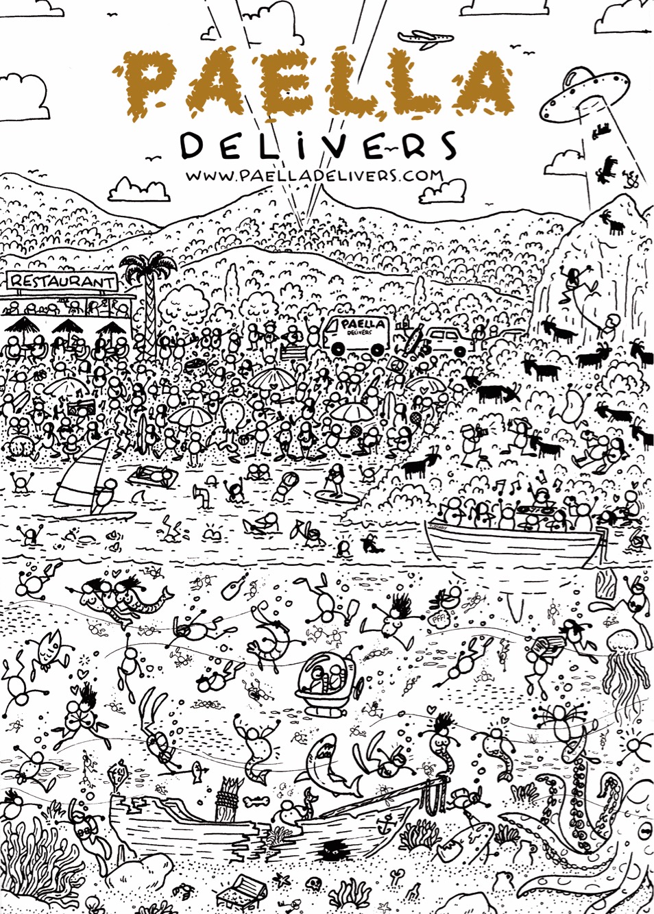 Illustration of a lively outdoor scene with people, animals, and boats, with the title 'Paella Deliver' at the top.