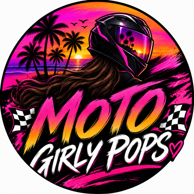 A person with long hair wearing a motorcycle helmet, sunset with palm trees, and text 'Moto Girly Pops' with checkered flags.