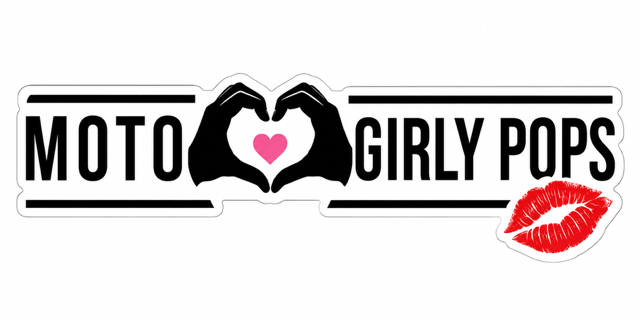 Logo with hands forming a heart, text 'MOTO GIRLY POPS', and a lipstick kiss mark, all in black and pink.