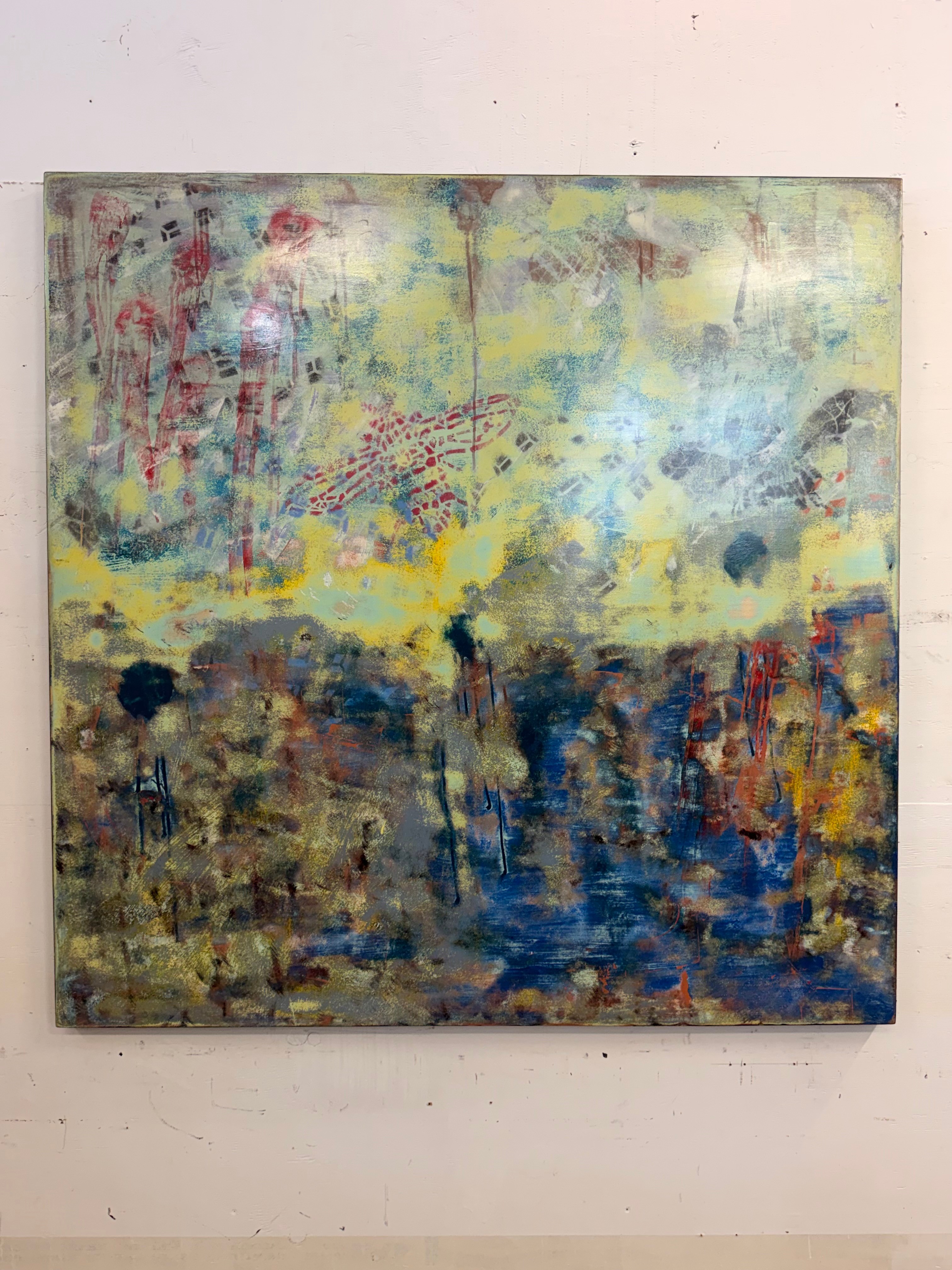 Abstract painting with yellow, blue, green, and red colors, featuring textured brushstrokes and layered paint effects.