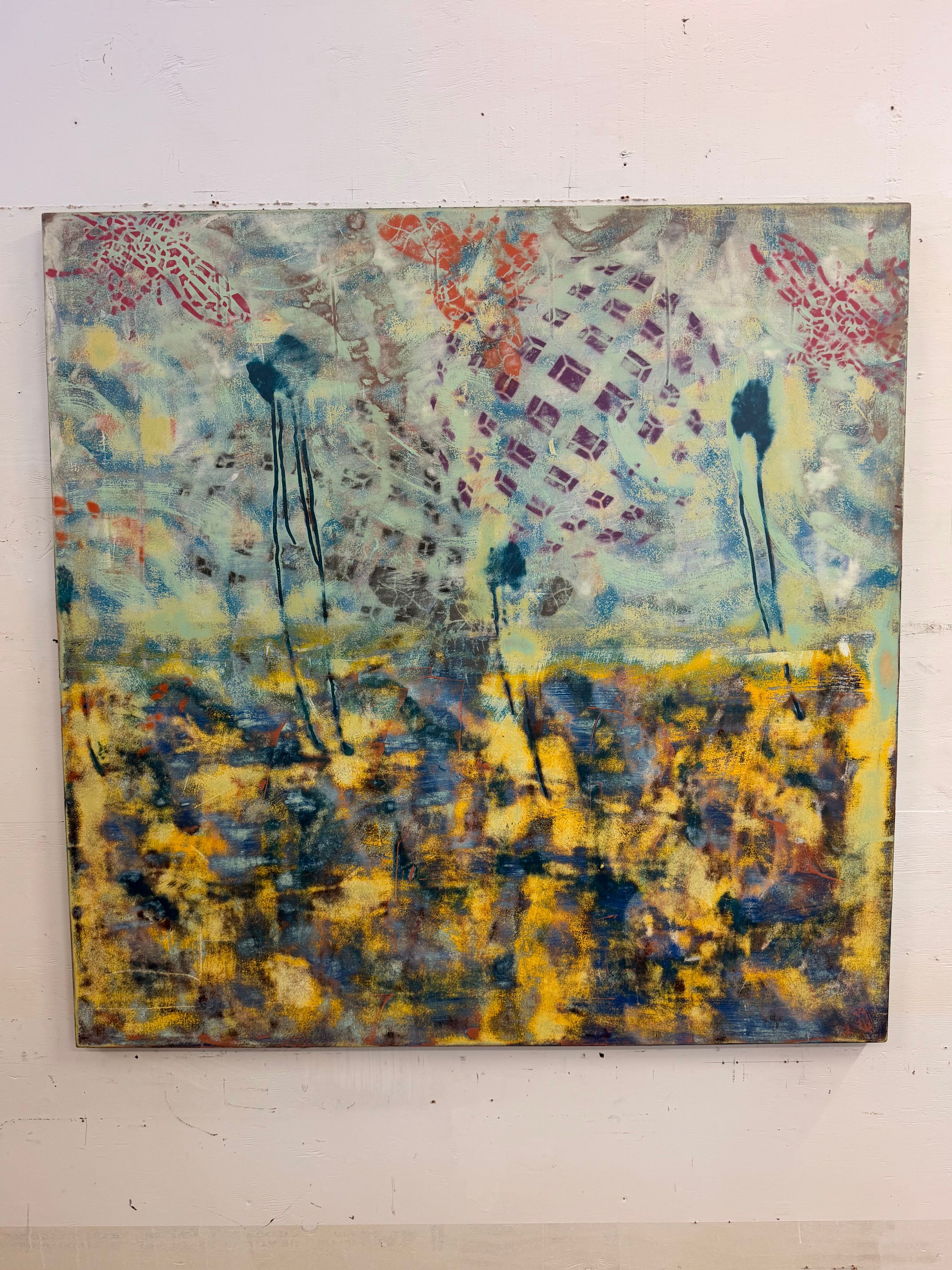 Abstract painting with blue, yellow, and purple colors, featuring drips and textured patterns.