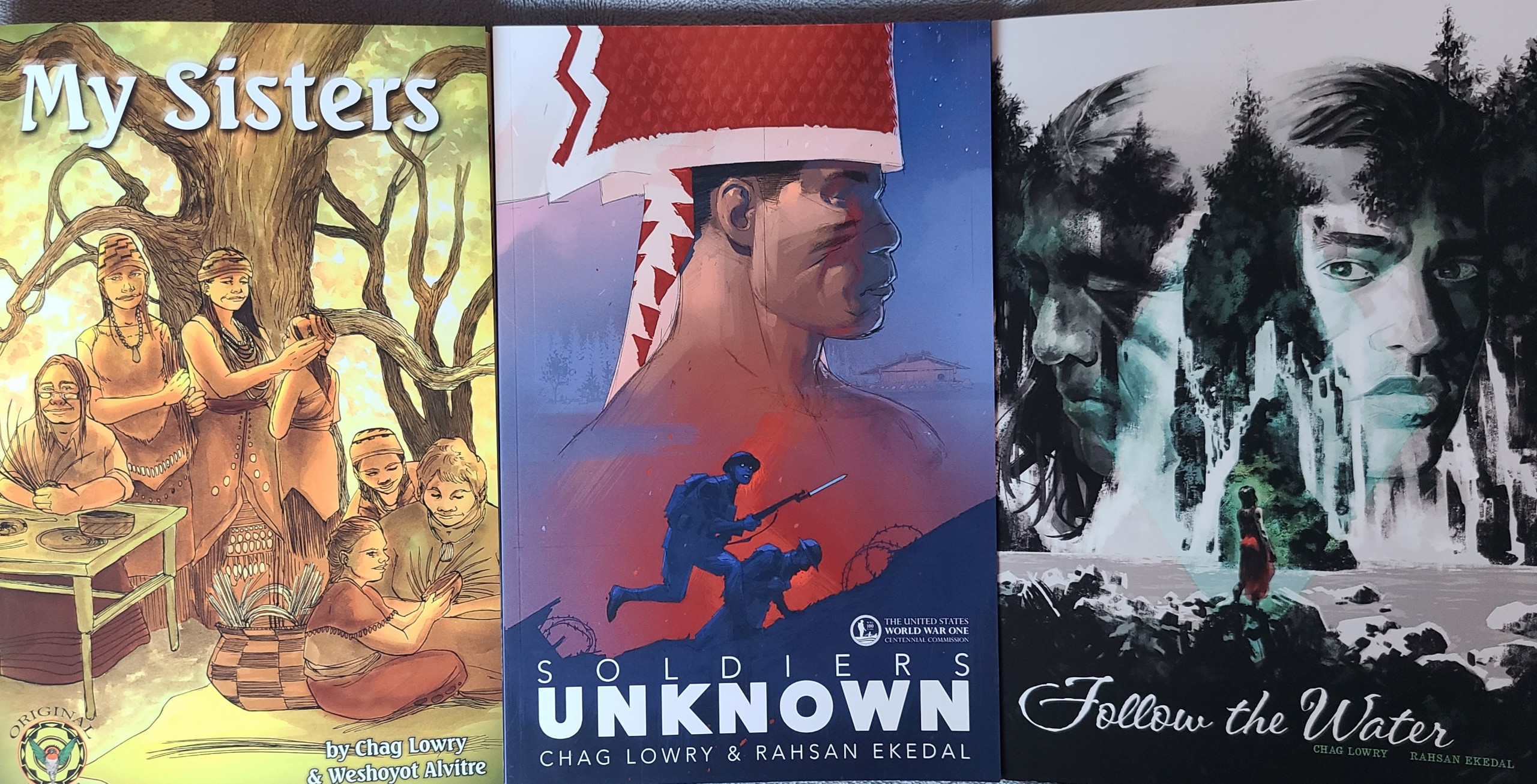 Three book covers: one with children in a forest, one with a person in a red hat, and one with a woman near water.