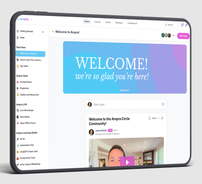 Tablet screen displaying a welcome page with a blue and purple background, text, and a video thumbnail.