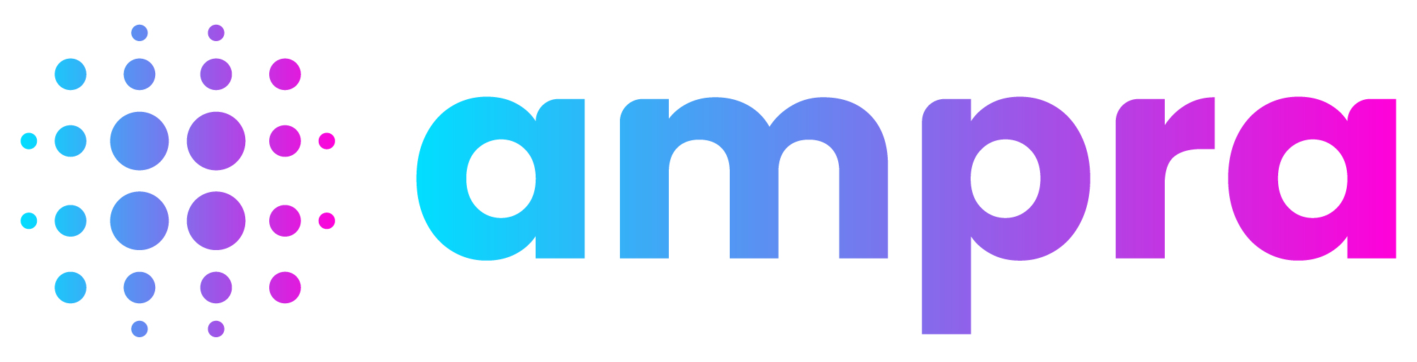 Ampra logo with colorful dots and text in blue, purple, and pink.