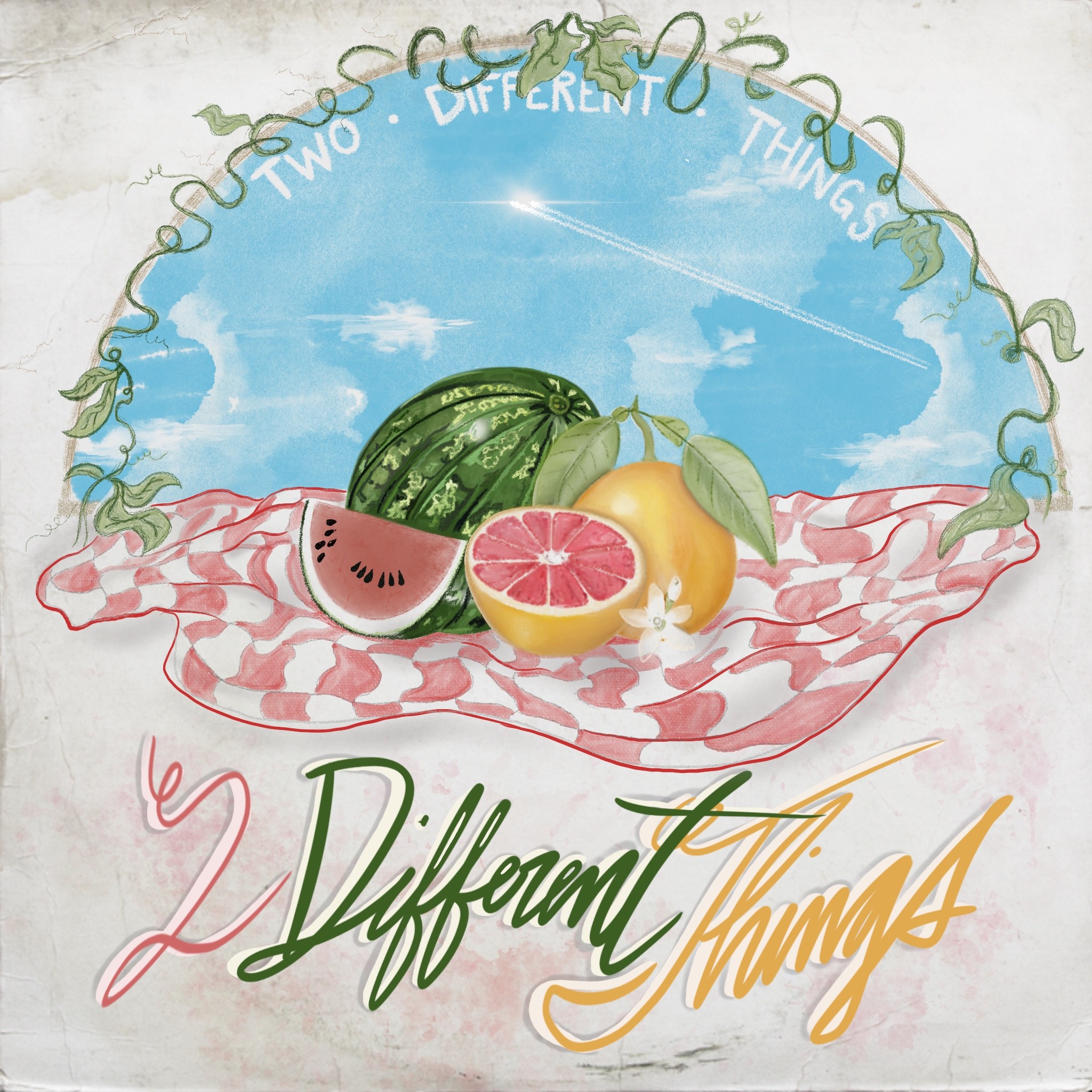 Watermelon, lemon, and grapefruit on a pink cloth with a blue sky background, surrounded by a decorative border.