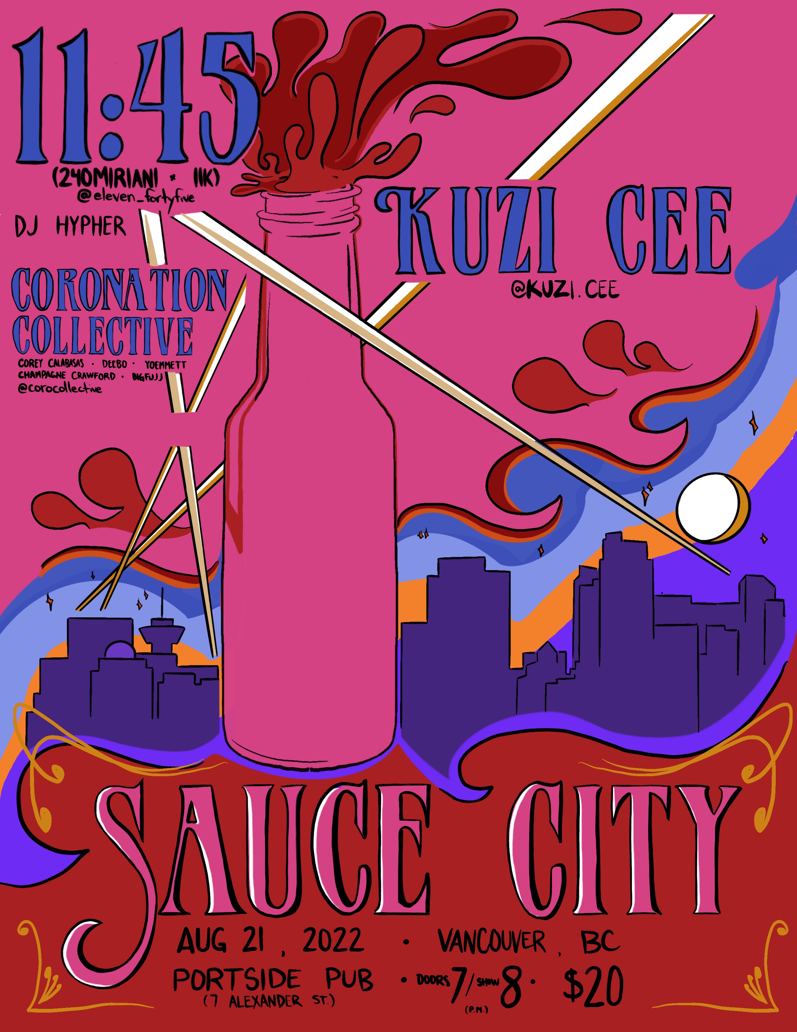 Pink background with a large pink bottle emitting red and purple smoke, city skyline, and text about a music event.