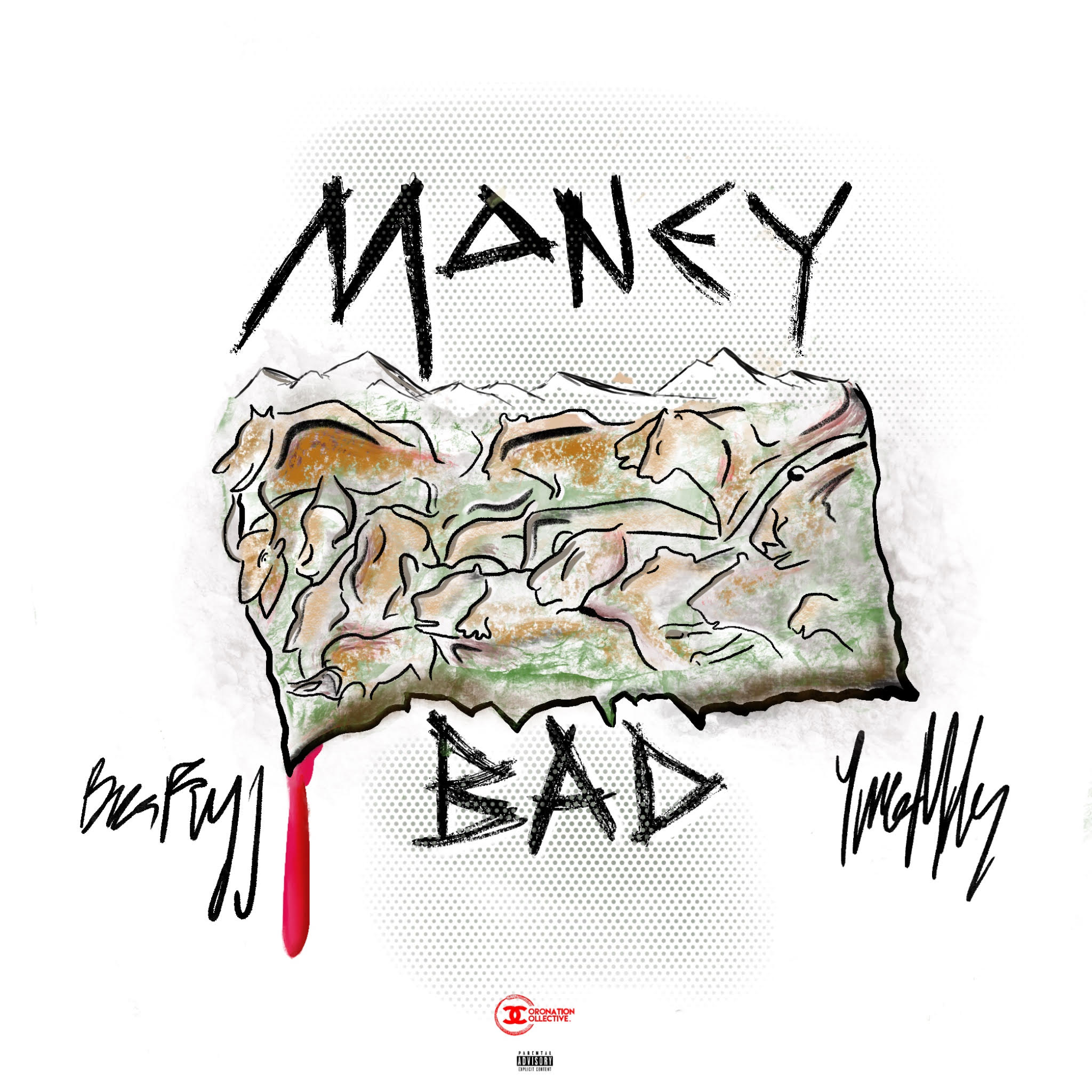 Drawing of a mountain with the words 'Money' and 'Bad' above and below, with red dripping paint, and signatures on sides.
