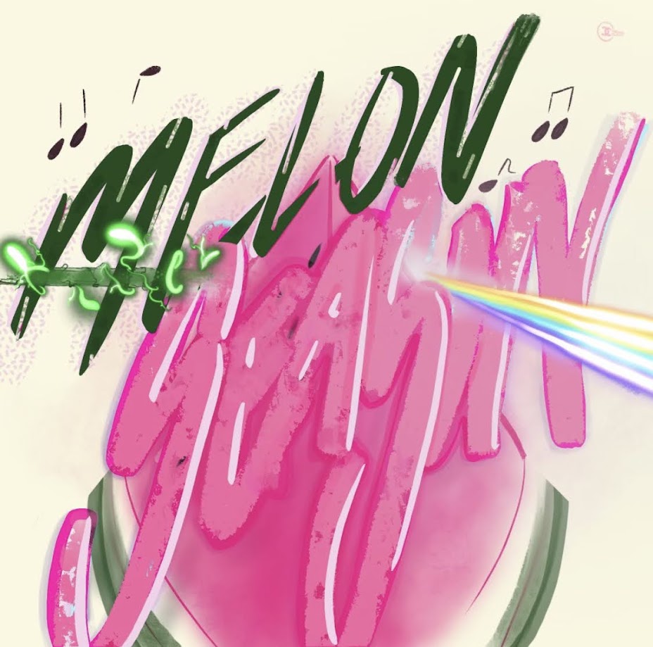 Colorful illustration with the words 'Melon Jam' and a rainbow shooting from a pink fruit.