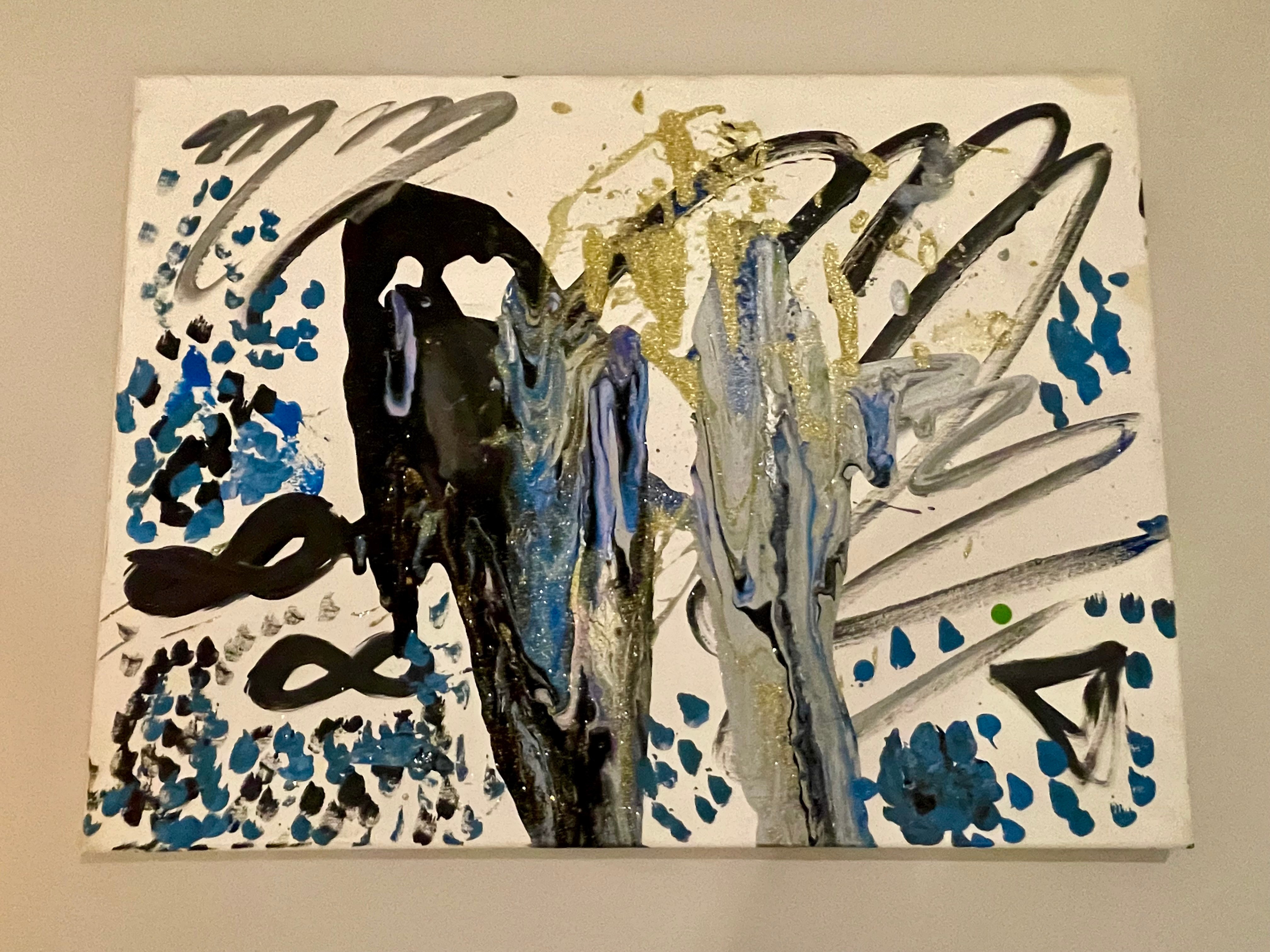 Abstract painting with black, blue, gray, and gold brushstrokes and splatters on white background.