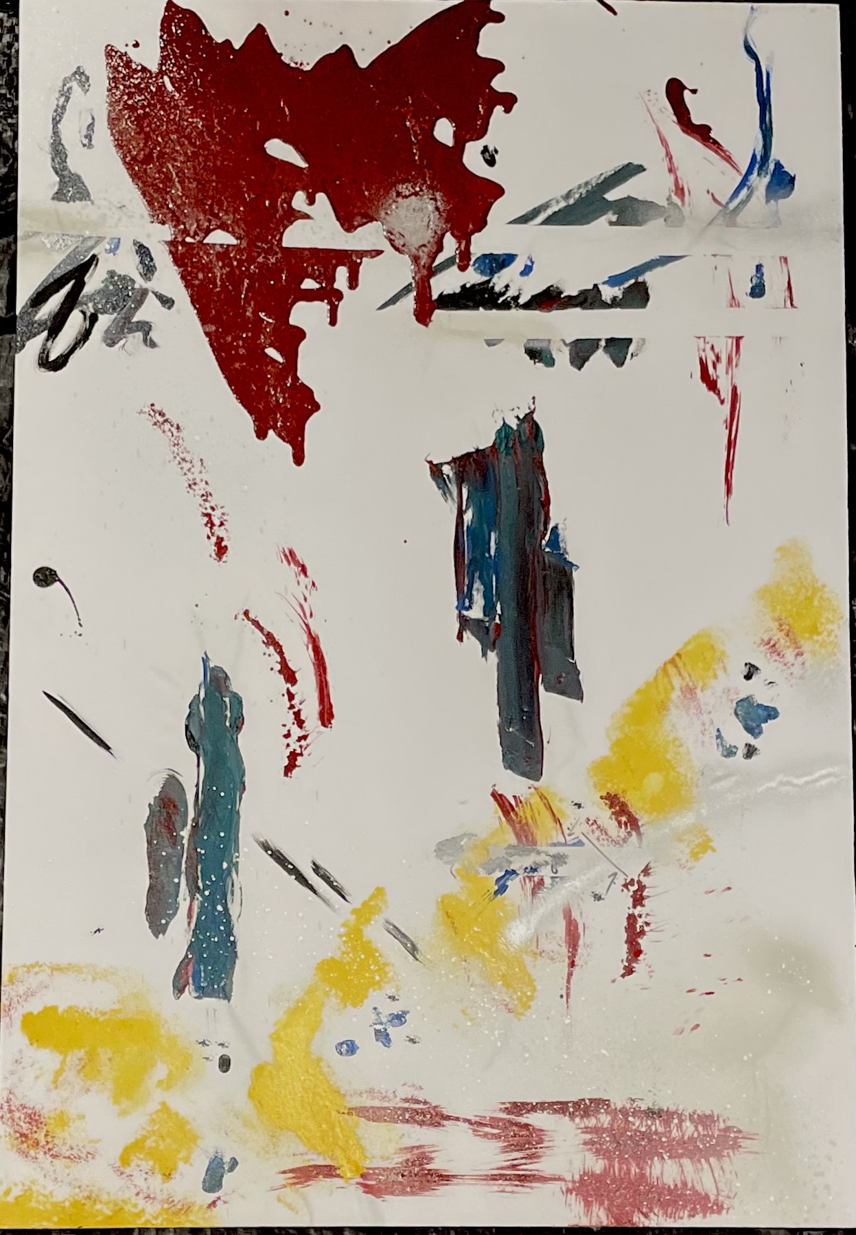 Abstract painting with red, blue, yellow, and black brushstrokes on white background.
